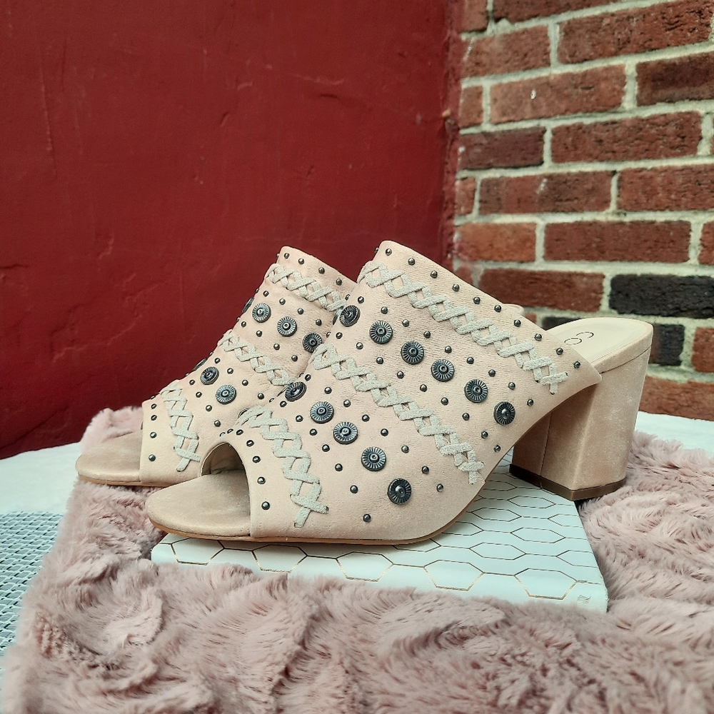 Coconuts Dream Big Studded Embroidered Chunky Mules Heels Spring Summer NEW
